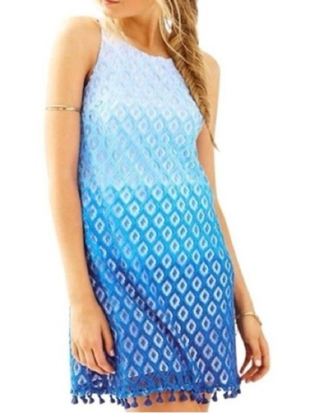 Lilly Pulitzer Women’s Marquette Blue Ombre Crochet Sleeveless Tassel Lace Dress